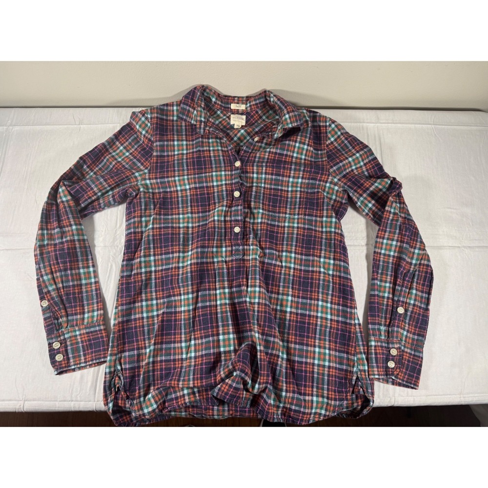 J.Crew Boy Fit Plaid Flannel Popover Shirt XS Multi-Color Purple Orange Green